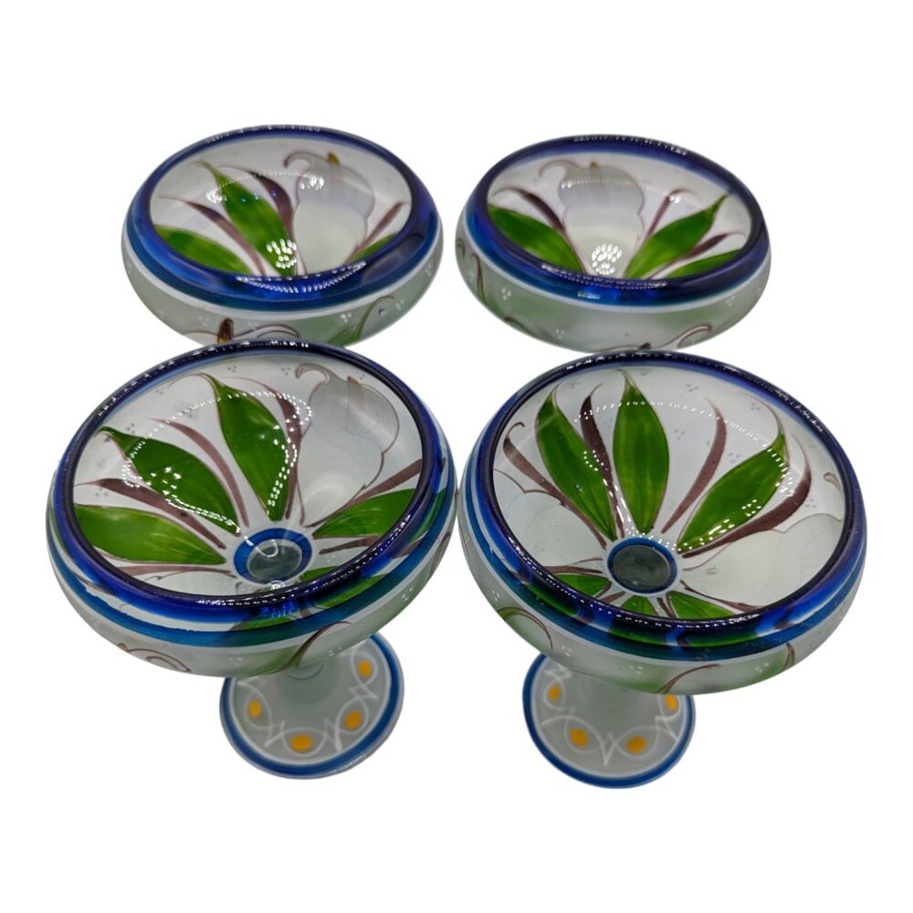 Set of 4 Hand Painted Mexican Blue Rim Margarita Glass White Calla Lilies Lily - Picture 2 of 16